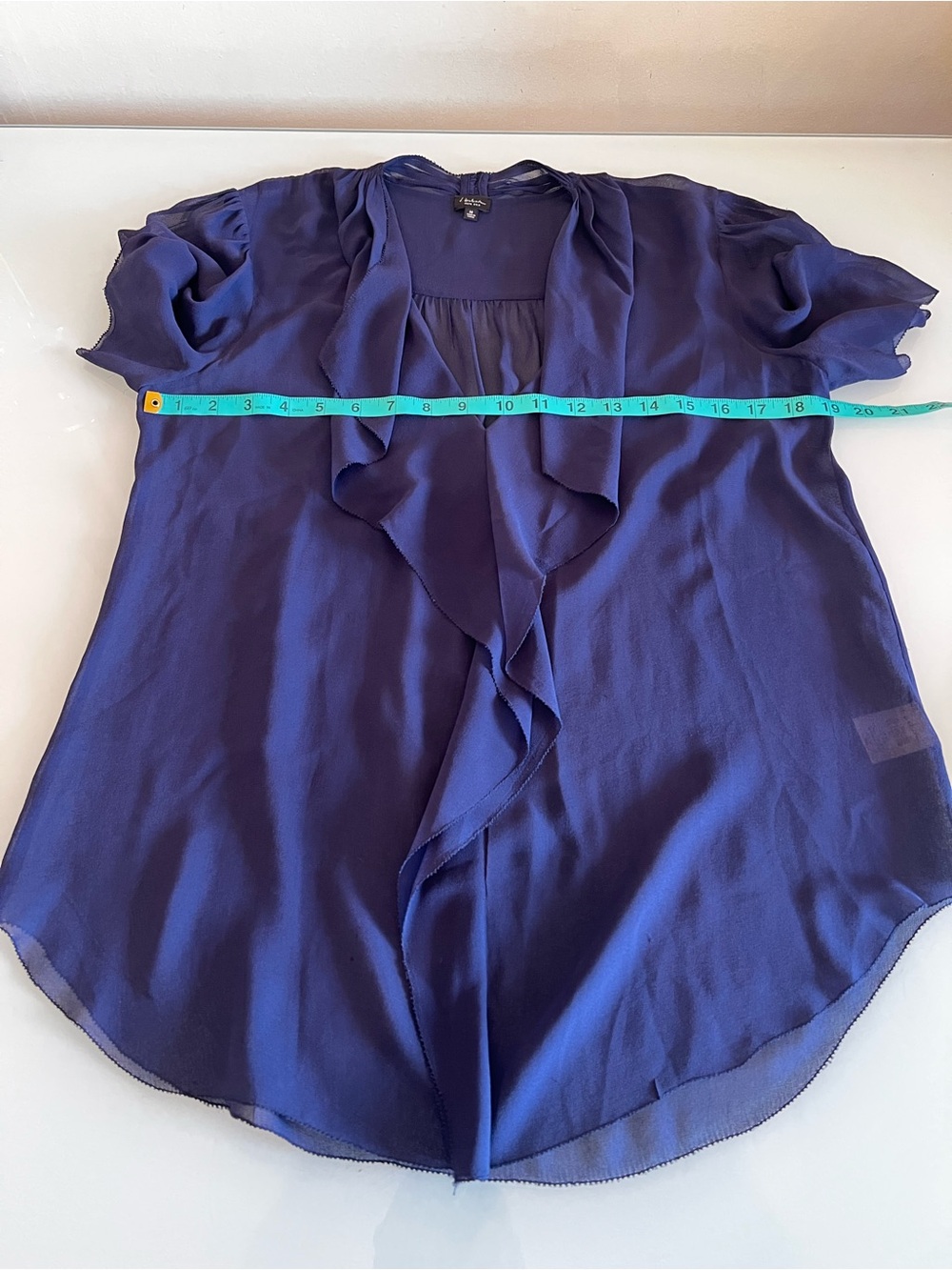 BABATON 100% Silk Sheer Ruffle Blouse Draped Boho Luxe Navy Medium Top - Picture 5 of 10